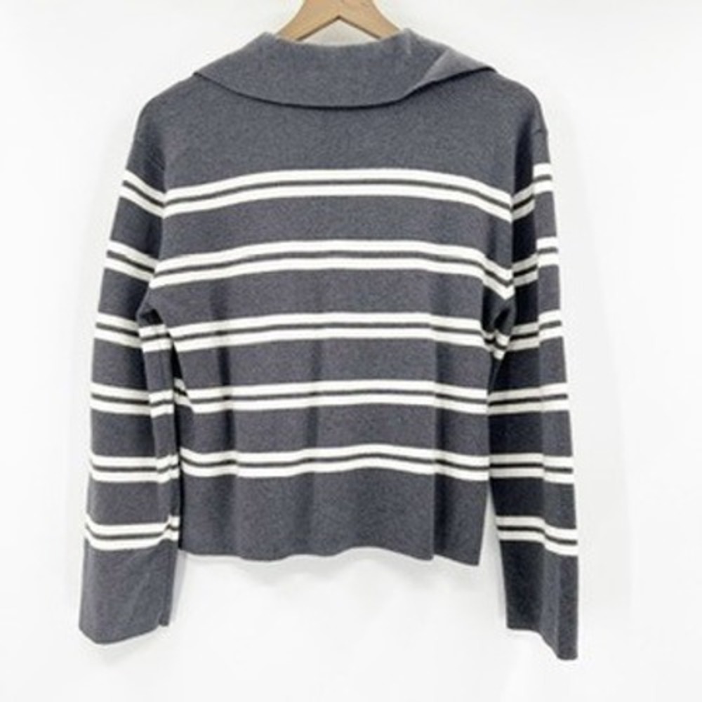 anthro Women's Charcoal Gray White Stripe Collared Quarter Zip Sweater XS - Picture 3 of 6